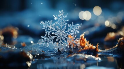Fototapeta na wymiar A close-up of a snowflake, as it falls through the air. 