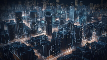 Fototapeta na wymiar Abstract city background with high tech buildings and glowing lines. 3D Rendering generative ai