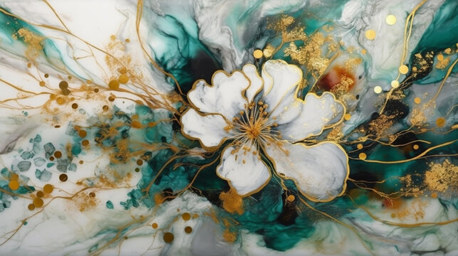 Macro shot of abstract blue and green marble pattern with white flower generative ai