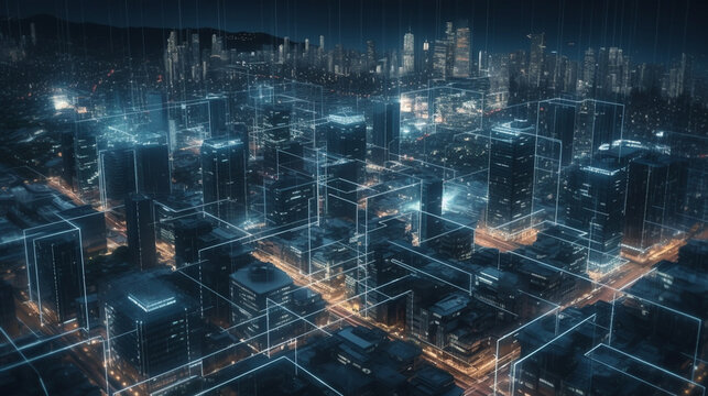 Abstract city background with high tech buildings and glowing lines. 3D Rendering generative ai