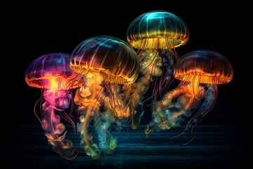 Jellyfish in the deep ocean, 3d illustration, horizontal generative ai