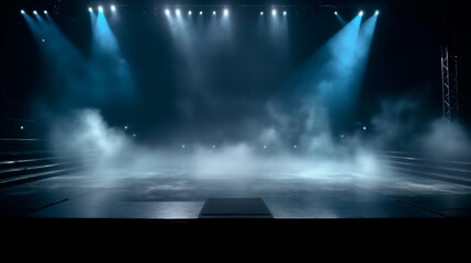 Fototapeta na wymiar Stage blue Spotlight with smoke and spotlights, Background generative ai
