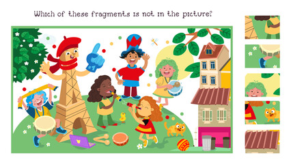 Find the hidden fragments. Educational game puzzle for kids. Group of fans of different nationalities. Vector cartoon illustration. Funny people in Paris. 