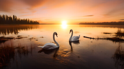 Fototapeta premium 2 Majestic white swans facing each other shaping a heart as swimming in the glassy waters at the lake in front of a stunning orange sunset