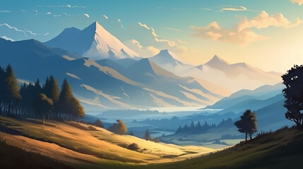 Silhouette of people walking in the mountains at sunset. Vector illustration generative ai