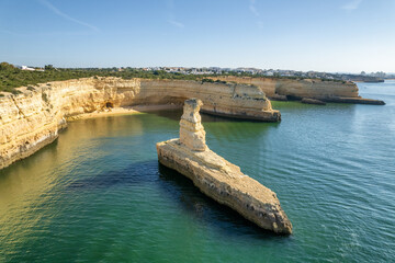 Aerial view of the Yellow Submarine Rock on the Algarve Coast of Portugal