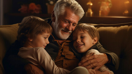 photorealistic, sharp image, Older man hugging grandchildren on sofa. Importance of family. Grandpa with his grandchildren cuddling. Concept of family, love, safety, security