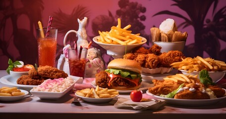Fast food variety on table beautiful restaurant Generative AI - obrazy, fototapety, plakaty