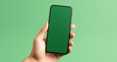 Fototapeta na wymiar Hand holding a green smartphone on a green background Generative AI