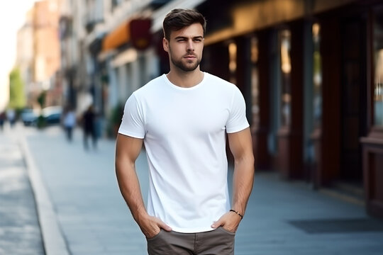 Young bearded man dressed in white t-shirt stands on city street. Mock up. Space for logo, text, image