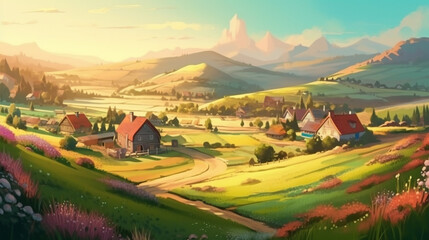 Digital painting of alpine village on lake shore at sunset, Switzerland vector type illustration