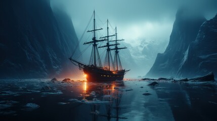 A lone iceberg floats in a dark sea. 