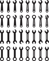 モノクロのスパナ・六角レンチのベクターイラストセット
