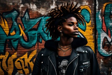 An attractive punk black young lesbian woman standing against a wall of graffiti 