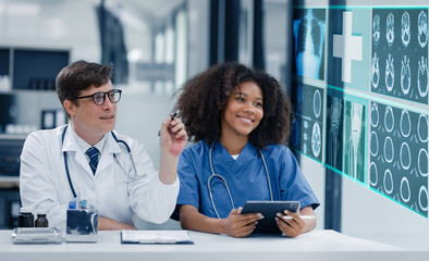 Doctor working on laptop computer with human's x-ray and medical medical network connection icons, Medical and Healthcare hospital service concept.
