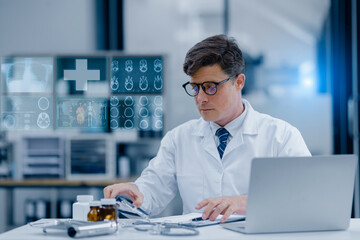 Doctor holding human's x-ray with medical medical network connection icons, Medical and Healthcare hospital service concept.