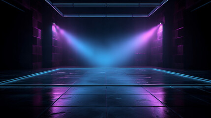 Empty stage with neon lights and smoke. 3D Rendering. generative ai