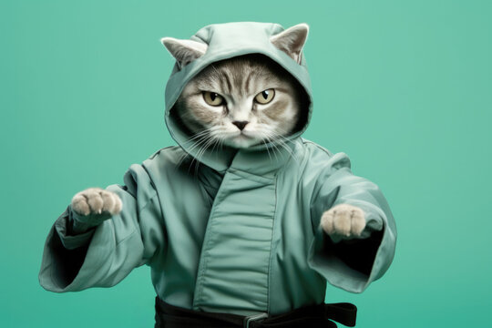 American Shorthair Cat Dressed As A Ninja On Mint Color Background. Сoncept American Shorthair Cat, Ninja Costume, Mint Color, Cat Photography