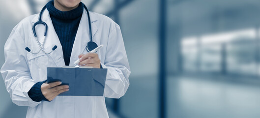 Doctor holding a clipboard, Medical and Healthcare hospital service concept.