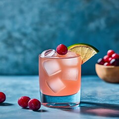 Closeup of a cape cod cocktail or vodka cranberry on a blue