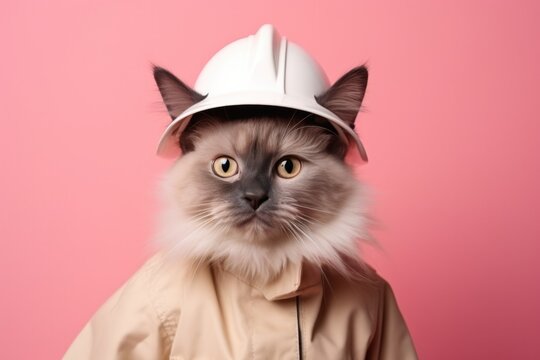 Balinese Cat Dressed As A Fireman On Blush Color Background. Сoncept Funny Balinese Cat, Costume Fireman, Blush Background, Cat Photography