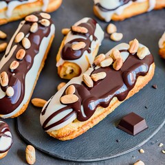 Fototapeta premium Decorating delicious homemade eclairs with chocolate and peanuts