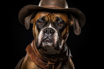 Boxer Dog Dressed As A Cowboy On Black Background . Сoncept Boxer Dogs, Dressing Dogs, Cowboys, Black Backgrounds