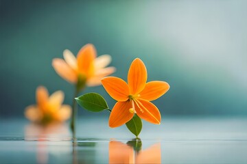 orange flower in vase on blue background