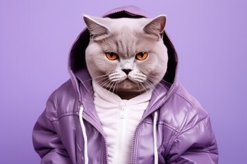 British Shorthair Cat Dressed As A Rapper On Lavender Color Background. Сoncept Popularity Of British Shorthair Cats, Fun Cat Costumes, Lavender Color Backgrounds, Rapping Cats