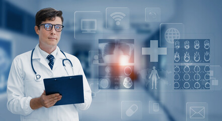 Doctor holding human's x-ray with medical medical network connection icons, Medical and Healthcare hospital service concept.