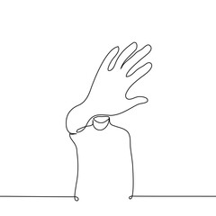 man stands covering his face with his palm - one line art vector. the concept of hiding one's face or prohibiting filming, expelling or banning