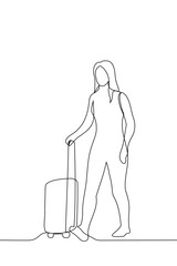 woman walking with a suitcase on wheels - one line art vector. passenger concept with suitcase