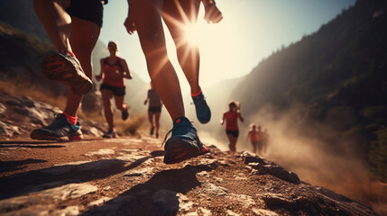 close up legs runner group running on mountain trail. Sports activities in group. Friend running on a mountain track. Detailed view. Sports activity to keep good shape.