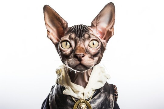 Cornish Rex Cat Dressed As A Pirate On White Background