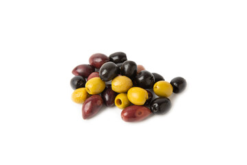 Green, black and red olives isolated on white background. Various types of olives and with fresh olive leaves. Mediterranean food. Vegan.