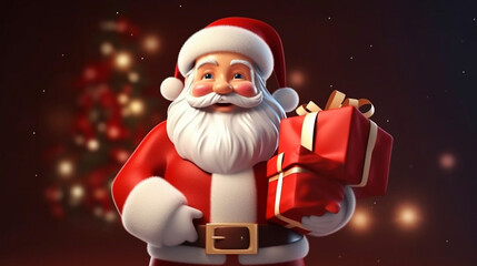 copy space, Christmas Santa Claus with bag of gifts box. Realistic 3d cartoon character. Happy New Year and Merry Christmas. Holiday card, red banner, web poster.
