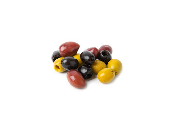 Green, black and red olives isolated on white background. Various types of olives and with fresh olive leaves. Mediterranean food. Vegan.