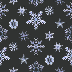 Naklejka na ściany i meble Snowflakes. Watercolor seamless pattern. Decorative winter background with hand drawn snowflakes, snow, stars. For fabric, wrapping paper, scrapbooking, postcards, invitations, cards