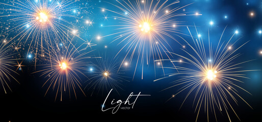 Fireworks with fog and bokeh effect. Holiday and party design, Christmas lights.
