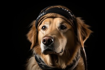 Golden Retriever Dog Dressed As A Sports Athlete On Black Background. Сoncept Golden Retriever Sports Style, Sports Photos With Dogs, Dressing Up Dogs, Black Backgrounds For Photos