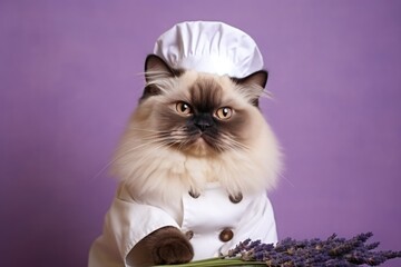 Himalayan Cat Dressed As A Chef On Lavender Color Background. Сoncept Himalayan Cats, Chef Attire, Lavender Color, Food Theme