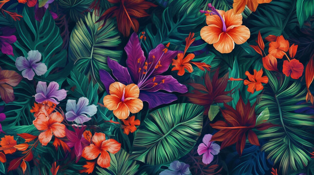 Seamless pattern with tropical leaves and hibiscus flowers generative ai © Graphicsstudio 5