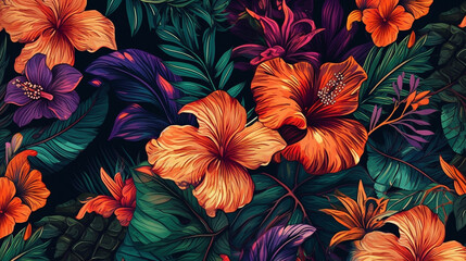 Seamless pattern with tropical leaves and hibiscus flowers generative ai