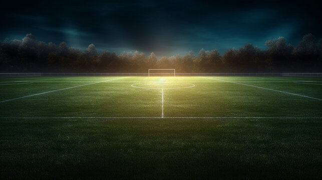 Football stadium at night with lights and green grass. 3d render generative ai