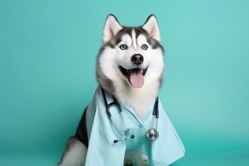 Siberian Husky Dog Dressed As A Doctor On Mint Color Background