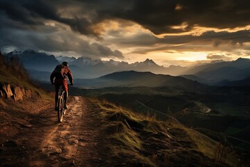 Fototapeta na wymiar The athletic man pedals an MTB E-bike up a steep grassy hill. Beautiful view of the mountains at sunrise/sunset with sun flare. Alone in nature, thinking about life.