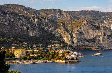 Panoramic view of Saint-Jean-Cap-Ferrat resort town on Cap Ferrat cape with exclusive estates and...