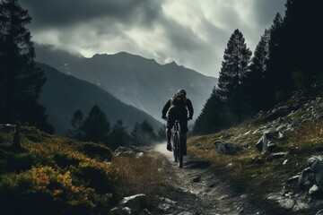 The athletic man pedals an MTB E-bike up a steep grassy hill. Beautiful view of the mountains at sunrise/sunset with sun flare. Alone in nature, thinking about life.