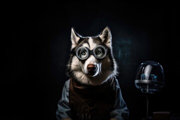 Siberian Husky Dog Dressed As A Scientist On Black Background . Сoncept Breed Traits Of Siberian Huskies, Cute Scientist Costume, Adorable Pet Photos, Puppy Power