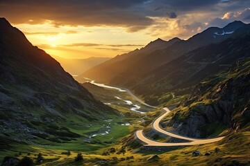 Beautiful landscape, the road in the mountains, The Transfagarasan Highway, fairytale, sunrise, sundown, beautiful light, travel, summer vacations, background, wallpaper, amazing sky